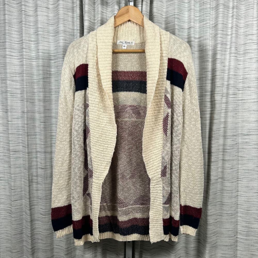 Say What? Cardigan Sweater Cream Womens Large Lg L Southwestern Shawl Collar EUC